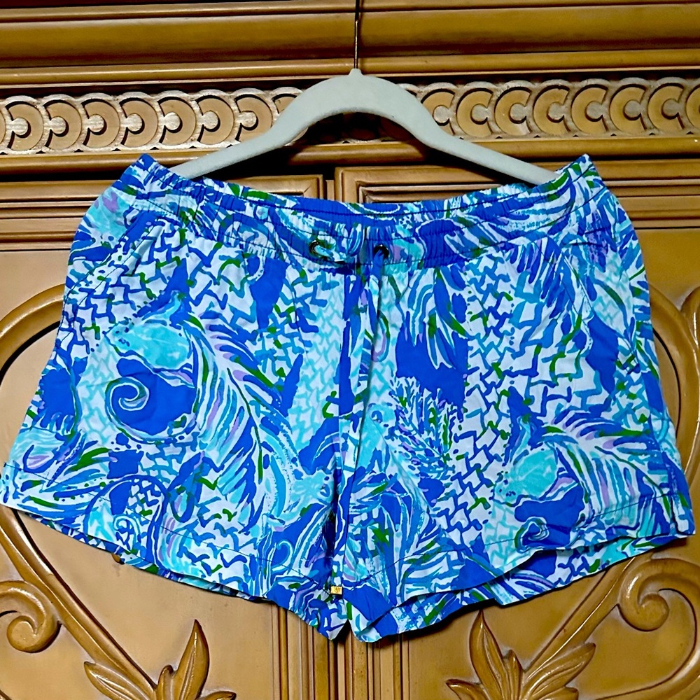 Lilly Pulitzer Shorts Size Small Elastic Waist Drawstring Blue Green & White guc